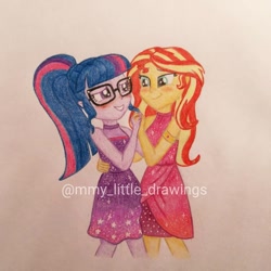 Size: 1080x1080 | Tagged: safe, artist:mmy_little_drawings, sci-twi, sunset shimmer, twilight sparkle, equestria girls, equestria girls specials, g4, my little pony equestria girls: better together, my little pony equestria girls: spring breakdown, blushing, clothes, dancing, dress, eyelashes, female, glasses, grin, holding hands, lesbian, ship:sci-twishimmer, ship:sunsetsparkle, shipping, sleeveless, smiling, traditional art, watermark