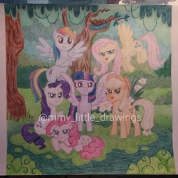 Size: 1079x1079 | Tagged: safe, artist:mmy_little_drawings, mean applejack, mean fluttershy, mean pinkie pie, mean rainbow dash, mean rarity, mean twilight sparkle, alicorn, earth pony, pegasus, pony, unicorn, g4, the mean 6, clone, evil smile, eyelashes, female, flying, grin, hat, horn, mare, mean six, open mouth, outdoors, smiling, spread wings, swamp, traditional art, tree, twilight sparkle (alicorn), watermark, wings