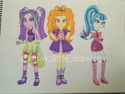 Size: 1080x812 | Tagged: safe, artist:mmy_little_drawings, adagio dazzle, aria blaze, sonata dusk, equestria girls, g4, my little pony equestria girls: rainbow rocks, bare shoulders, clothes, evil grin, eyelashes, female, fingerless gloves, gloves, grin, hand on hip, skirt, sleeveless, smiling, the dazzlings, traditional art, watermark