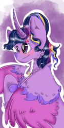 Size: 600x1200 | Tagged: safe, artist:cocolove2176, twilight sparkle, alicorn, pony, g4, abstract background, blushing, bust, eyelashes, female, horn, mare, smiling, solo, twilight sparkle (alicorn), two toned wings, wings
