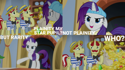 Size: 1280x720 | Tagged: safe, edit, edited screencap, editor:quoterific, screencap, flam, flim, rarity, pony, unicorn, friendship university, g4, alternate hairstyle, disguise, female, flim flam brothers, hat, male, mare, plainity, stallion