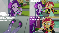 Size: 1280x720 | Tagged: safe, edit, edited screencap, editor:quoterific, screencap, starlight glimmer, sunset shimmer, equestria girls, equestria girls specials, g4, my little pony equestria girls: mirror magic, canterlot high, clothes, duo, duo female, female, geode of empathy, hat, jewelry, magical geodes, necklace, shoes, statue