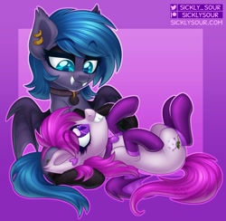 Size: 980x957 | Tagged: safe, artist:sickly-sour, oc, oc only, oc:belfry towers, oc:violet moonflower, bat pony, pony, clothes, eyeshadow, fangs, female, makeup, mare, socks