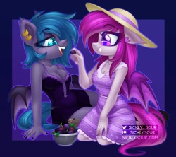 Size: 1504x1338 | Tagged: safe, artist:sickly-sour, oc, oc only, oc:belfry towers, oc:violet moonflower, bat pony, anthro, breasts, cleavage, clothes, cute, cute little fangs, dress, ear piercing, fangs, food, grapes, hat, herbivore, passepartout, piercing