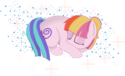 Size: 999x612 | Tagged: safe, artist:orbitingdamoon, toola roola, earth pony, pony, cutie mark, female, filly, lying down, multicolored hair, simple background, sleeping, solo, transparent background