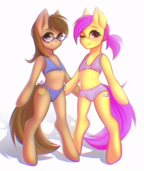 Size: 1827x2160 | Tagged: safe, artist:antilopachi, oc, oc only, oc:dawnsong, oc:evensong, earth pony, pegasus, semi-anthro, arm hooves, bikini, bipedal, clothes, commission, duo, female, glasses, looking at you, one eye closed, side-tie bikini, simple background, swimsuit, two-piece swimsuit, white background, wink