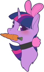 Size: 1019x1661 | Tagged: safe, artist:taytinabelle, part of a set, twilight sparkle, pony, unicorn, g4, animal costume, blushing, bunny costume, bunny ears, bust, carrot, chest fluff, clothes, collar, costume, cute, female, food, herbivore, looking at you, mare, mouth hold, simple background, solo, transparent background