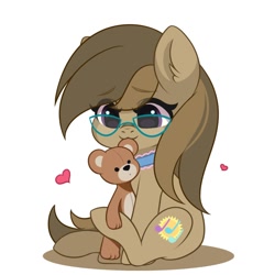 Size: 1080x1080 | Tagged: safe, artist:yomechka, oc, oc only, oc:dawnsong, earth pony, pony, animated at source, collar, commission, female, glasses, heart, mouth hold, simple background, solo, tail wag, teddy bear, white background, ych result