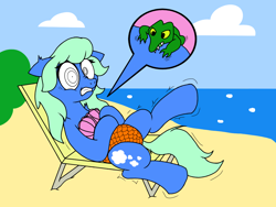 Size: 1280x960 | Tagged: safe, artist:dashingjack, part of a set, oc, oc:brainstorm, crocodile, earth pony, pony, clothes, part of a series, rule 63, shrunken, story included, swimsuit