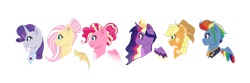 Size: 1280x427 | Tagged: safe, artist:lovecorecalico, applejack, fluttershy, pinkie pie, rainbow dash, rarity, twilight sparkle, alicorn, bat pony, earth pony, pegasus, pony, unicorn, g4, base used, bat ponified, bust, facial hair, female, flutterbat, goatee, mane six, older, older applejack, older fluttershy, older mane six, older pinkie pie, older rainbow dash, older rarity, older twilight, race swap, simple background, trans female, transgender, transparent background, twilight sparkle (alicorn)