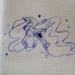 Size: 1080x1080 | Tagged: safe, artist:tessa_key_, princess luna, alicorn, pony, g4, ear fluff, eyelashes, female, graph paper, hoof shoes, horn, lineart, mare, solo, traditional art, wings