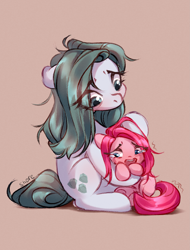 Size: 2205x2894 | Tagged: safe, artist:shore2020, cloudy quartz, pinkie pie, earth pony, pony, g4, adorable distress, adoraquartz, comforting, crying, cute, cuteamena, diapinkes, duo, eye clipping through hair, female, filly, filly pinkie pie, floppy ears, good parenting, high res, like mother like daughter, like parent like child, looking at someone, looking down, loose hair, mare, mother and child, mother and daughter, motherly love, not marble pie, pinkamena diane pie, sad, sadorable, sitting, teary eyes, weapons-grade cute, young, younger