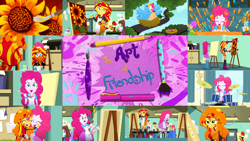 Size: 1280x721 | Tagged: safe, edit, edited screencap, editor:quoterific, screencap, apple bloom, pinkie pie, sunset shimmer, wiz kid, bird, equestria girls, g4, my little pony equestria girls: summertime shorts, the art of friendship, ^^, animal costume, apple bloom's bow, apron, bird costume, boots, bow, clothes, costume, cutie mark, cutie mark on clothes, drums, drumsticks, eyes closed, flower, hair bow, hug, musical instrument, nest, painting, pinkie birdie, shoes, tree