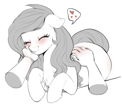 Size: 2045x1748 | Tagged: source needed, useless source url, safe, artist:evomanaphy, oc, oc:shadow blue, earth pony, human, pony, back scratching, behaving like a cat, blushing, chest fluff, cuddling, cute, disembodied hand, eyelashes, eyes closed, feelings, floating heart, hand, heart, hnnng, monochrome, not fluttershy, ocbetes, offscreen character, pat, patreon, patreon reward, petting, pony pet, pov, smiling, speech bubble