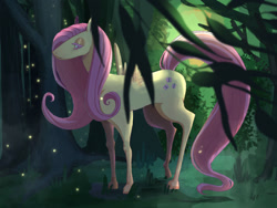 Size: 1024x768 | Tagged: safe, artist:magdaleria, fluttershy, firefly (insect), insect, pegasus, pony, g4, cute, female, forest, mare, shyabetes, solo