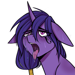 Size: 2343x2343 | Tagged: safe, artist:earthpone, oc, oc only, oc:yoru night, pony, unicorn, ahegao, ahego e2, ahego meme, blushing, bust, colored pupils, crying, drool, ear blush, eye clipping through hair, eyebrows, eyebrows visible through hair, floppy ears, high res, horn, horny, idiot, male, open mouth, portrait, purple, salivating, simple background, solo, stallion, sweat, sweatdrops, tears of pleasure, tongue out, transparent background