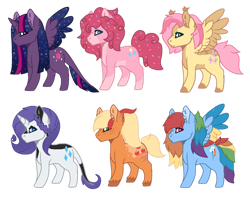 Size: 1280x1009 | Tagged: safe, artist:the-dragolotl, applejack, fluttershy, pinkie pie, rainbow dash, rarity, twilight sparkle, alicorn, earth pony, pegasus, pony, unicorn, g4, base used, colored wings, ethereal mane, ethereal wings, fangs, female, food, mane six, mare, multicolored wings, rainbow wings, scar, sprinkles, starry mane, twilight sparkle (alicorn), wings