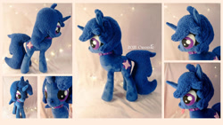 Size: 1024x576 | Tagged: safe, artist:cwossie, oc, oc only, oc:delly, pony, unicorn, :p, collar, commission, cute, female, irl, multiple views, photo, plushie, solo, tongue out