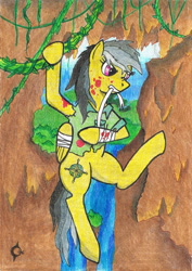 Size: 1159x1641 | Tagged: safe, artist:assertiveshypony, daring do, pegasus, pony, g4, bandage, blood, bush, cave, clothes, cutie mark, injured, injured wing, plant, rock, traditional art, vine, waterfall, wings