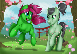 Size: 3035x2150 | Tagged: safe, artist:ali-selle, oc, oc only, oc:agile, oc:senshi, earth pony, pony, brother and sister, cherry blossoms, female, flower, flower blossom, high res, jumping, looking at each other, male, petals, raised hoof, siblings, tree