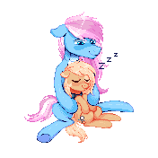 Size: 176x176 | Tagged: safe, artist:hikkage, oc, oc only, oc:liu, oc:mirta whoowlms, pegasus, pony, duo, hug, onomatopoeia, pixel art, simple background, sitting, sleeping, sound effects, transparent background, zzz