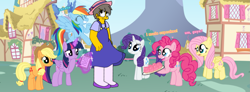 Size: 1885x690 | Tagged: safe, artist:haileykitty69, applejack, fluttershy, pinkie pie, rainbow dash, rarity, twilight sparkle, alicorn, earth pony, human, pegasus, pony, unicorn, g4, clipboard, confused, crossdressing, crossover, cupcake, eyes closed, food, grin, levitation, magic, male, seymour skinner, smiling, telekinesis, the simpsons, twilight sparkle (alicorn)