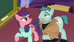 Size: 1920x1080 | Tagged: safe, screencap, on stage, raspberry beret, earth pony, pony, g4, horse play, my little pony: friendship is magic, beret, clothes, female, hat, jacket, looking at each other, male, mare, stallion