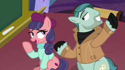 Size: 1920x1080 | Tagged: safe, screencap, on stage, raspberry beret, earth pony, pony, g4, horse play, beret, clothes, female, hat, jacket, male, stallion