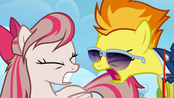 Size: 1920x1080 | Tagged: safe, screencap, angel wings, spitfire, pegasus, pony, g4, top bolt, eyes closed, female, mare, open mouth, yelling