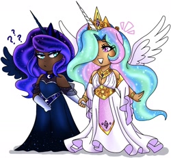 Size: 1975x1828 | Tagged: safe, artist:mscreepyplaguedoctor, princess celestia, princess luna, human, g4, alicorn humanization, alternate hairstyle, bracelet, chibi, clothes, crown, dark skin, dress, duo, evening gloves, female, gloves, grin, holding hands, horn, horned humanization, humanized, jewelry, long gloves, question mark, regalia, royal sisters, siblings, simple background, sisters, smiling, white background, winged humanization