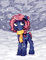 Size: 526x689 | Tagged: safe, artist:hikkage, oc, oc only, earth pony, pony, clothes, pixel art, scarf, snow, solo