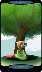 Size: 1500x2591 | Tagged: safe, artist:sixes&sevens, part of a set, tree hugger, butterfly, earth pony, pony, g4, ace of cups, female, food, lotus position, minor arcana, mug, outdoors, sitting, solo, tarot card, tea, tree