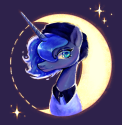 Size: 1407x1440 | Tagged: safe, artist:hikkage, princess luna, alicorn, pony, g4, bust, crescent moon, hat, moon, simple background, solo