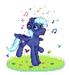 Size: 545x597 | Tagged: safe, artist:hikkage, oc, oc only, oc:moonlight drop, pegasus, pony, earbuds, headphones, music notes, pixel art, solo