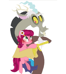 Size: 510x566 | Tagged: safe, artist:gallantserver, discord, gloriosa daisy, draconequus, earth pony, pony, g4, blushing, blushing profusely, crack shipping, earth pony gloriosa daisy, equestria girls ponified, gloricord, grin, holding a pony, ponified, shipping, simple background, smiling, transparent background