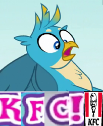 Size: 496x608 | Tagged: safe, editor:horsesplease, gallus, griffon, g4, caption, expand dong, exploitable meme, gallus the rooster, gallusposting, image macro, kfc, meme, that griffon sure does love kfc