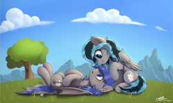 Size: 3896x2323 | Tagged: safe, artist:av-4, artist:avastin4, oc, oc only, oc:luny, oc:moonslurps, bat pony, pegasus, pony, grass, high res, hooves in air, lying down, lying in grass, lying on the ground, mountain, on back, open mouth, scenery, tongue out, tree