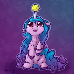 Size: 2048x2048 | Tagged: safe, artist:safizejaart, izzy moonbow, pony, unicorn, g5, ball, female, floppy ears, high res, izzy's tennis ball, jewelry, mare, simple background, solo, tennis ball, two toned mane