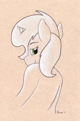 Size: 3296x4991 | Tagged: safe, artist:peruserofpieces, oc, oc:petina, pony, unicorn, drawing, female, looking at you, looking back, looking over shoulder, mare, smiling, smiling at you, toned paper, traditional art