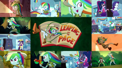 Size: 1280x721 | Tagged: safe, edit, edited screencap, editor:quoterific, screencap, daring do, rainbow dash, rarity, sci-twi, twilight sparkle, equestria girls, g4, leaping off the page, my little pony equestria girls: summertime shorts, belt, book, boots, clothes, cutie mark, cutie mark on clothes, eyes closed, glasses, hat, jungle, ponytail, rainbow dash's bedroom, running, shirt, shoes, vine