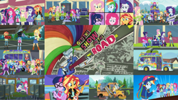 Size: 1280x721 | Tagged: safe, edit, edited screencap, editor:quoterific, screencap, applejack, big macintosh, fluttershy, pinkie pie, rainbow dash, rarity, sci-twi, sunset shimmer, twilight sparkle, bird, equestria girls, g4, get the show on the road, my little pony equestria girls: summertime shorts, applejack's hat, bass guitar, boots, canterlot high, clothes, cowboy boots, cowboy hat, cutie mark, cutie mark on clothes, denim skirt, drums, drumsticks, eyes closed, female, geode of empathy, geode of fauna, geode of shielding, geode of sugar bombs, geode of super speed, geode of super strength, geode of telekinesis, guitar, hairpin, hat, humane five, humane seven, humane six, jewelry, magical geodes, male, microphone, musical instrument, necklace, oil, ponied up, rainbow dash is not amused, rapper dash, school bus, shoes, skirt, smiling, studebaker, tambourine, the rainbooms, the rainbooms tour bus, unamused, wings