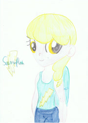 Size: 1024x1419 | Tagged: safe, artist:loverdandluna, sassaflash, human, g4, clothes, colored pencil drawing, cutie mark, cutie mark on clothes, cutie mark on human, female, folded wings, humanized, lightning, signature, simple background, smiling, tank top, traditional art, white background, wings