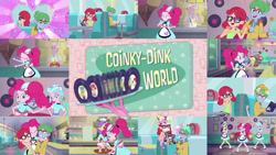 Size: 1280x721 | Tagged: safe, edit, edited screencap, editor:quoterific, screencap, grease trap, pinkie pie, coinky-dink world, equestria girls, g4, my little pony equestria girls: summertime shorts, apron, cafeteria, clothes, collage, cute, dancing, diapinkes, eyes closed, female, male, roller skates