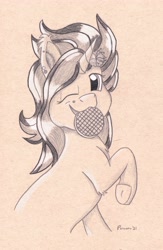 Size: 3144x4827 | Tagged: safe, artist:peruserofpieces, oc, pony, unicorn, drawing, female, flower, flower in hair, fluffy, food, jewelry, looking at you, mare, mouth hold, one eye closed, raised hoof, smiling, toned paper, traditional art, waffle, wink, winking at you