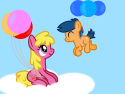 Size: 2048x1536 | Tagged: safe, artist:apronspawn, cherry berry, first base, earth pony, pony, g4, balloon, cherrybase, cloud, colt, crush, duo, eyes closed, female, male, mare, on a cloud, shipping, simple background, sitting, sitting on a cloud, sky, sky background, smiling, straight