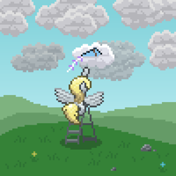 Size: 600x600 | Tagged: safe, artist:nitobit, derpibooru exclusive, derpy hooves, pegasus, pony, g4, cloud, female, grass, kite, ladder, mare, pixel art, reaching, solo, spread wings, stuck, wings