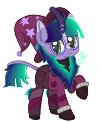 Size: 820x1001 | Tagged: safe, artist:orbitingdamoon, oc, oc only, oc:tutti frutti, kirin, pony, clothes, female, filly, glasses, gradient mane, hat, simple background, solo, transparent background, wizard hat