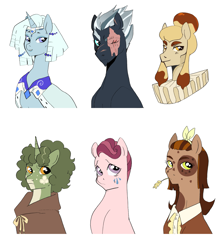 Size: 2173x2422 | Tagged: safe, artist:aztrial, chancellor puddinghead, clover the clever, commander hurricane, princess platinum, private pansy, smart cookie, earth pony, pegasus, pony, unicorn, g4, curly mane, eyeshadow, founders of equestria, freckles, headcanon, headcanon in the description, high res, makeup, missing eye, scar, scarred