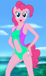 Size: 2100x3500 | Tagged: safe, artist:lexx disaster, pinkie pie, earth pony, anthro, g4, belly button, bicolor swimsuit, clothes, female, high res, navel cutout, ocean, solo, swimsuit