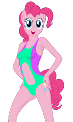 Size: 2100x3500 | Tagged: safe, artist:lexx disaster, pinkie pie, earth pony, anthro, g4, belly button, bicolor swimsuit, clothes, female, high res, navel cutout, simple background, solo, swimsuit, transparent background